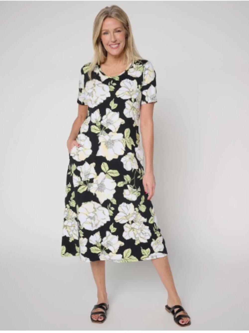 Denim & Co. Beach Jersey Midi Dress w/Pockets-Black Floral-Tall Small-A719974